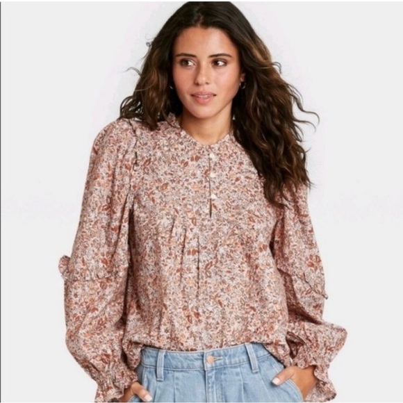 Universal Thread Floral Tan Pink Ruffle Long Sleeve Shirt Size XS Oversized - Picture 1 of 8